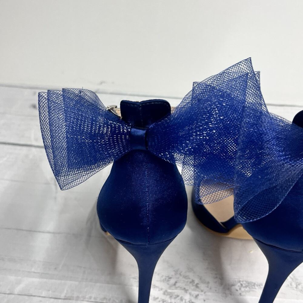 Navy Blue Satin Ultra High Heels Shoes size 9 Mesh Bow Prom Wedding Cocktail - Picture 7 of 12